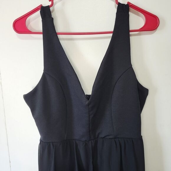 J for Justify Black Jumpsuit Dress Sheer Maxi Overlay V Neck Back Zip Large - Picture 2 of 14